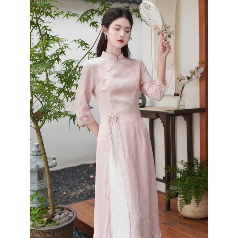 Elbow-Sleeve Floral Side-Slit Midi Hanfu Dress / High Waist Plain Wide Leg Pants / Set SpreePicky