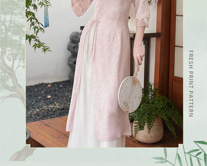 Elbow-Sleeve Floral Side-Slit Midi Hanfu Dress / High Waist Plain Wide Leg Pants / Set SpreePicky