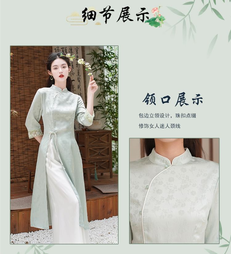 Elbow-Sleeve Floral Side-Slit Midi Hanfu Dress / High Waist Plain Wide Leg Pants / Set SpreePicky