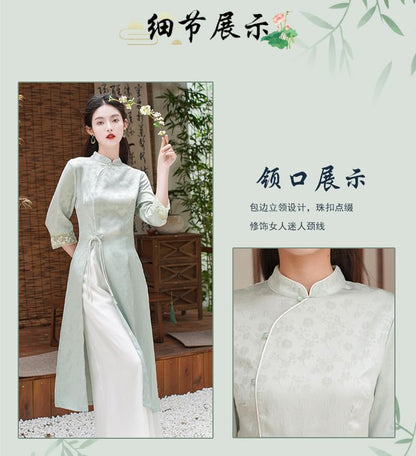 Elbow-Sleeve Floral Side-Slit Midi Hanfu Dress / High Waist Plain Wide Leg Pants / Set SpreePicky