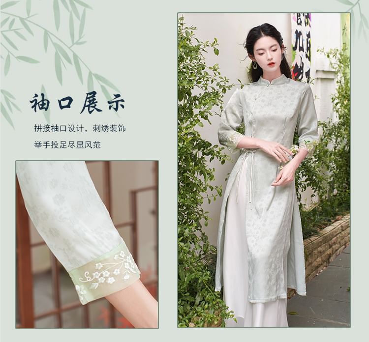 Elbow-Sleeve Floral Side-Slit Midi Hanfu Dress / High Waist Plain Wide Leg Pants / Set SpreePicky