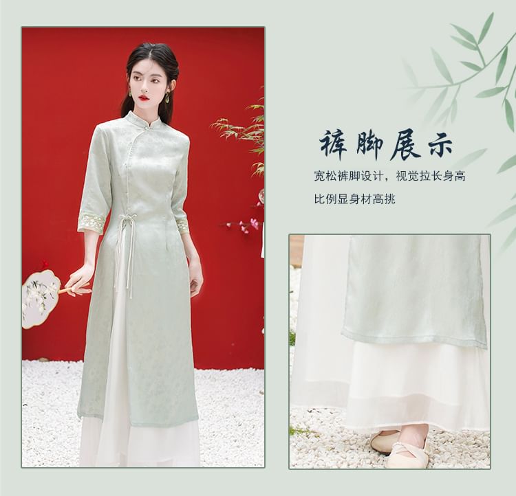 Elbow-Sleeve Floral Side-Slit Midi Hanfu Dress / High Waist Plain Wide Leg Pants / Set SpreePicky