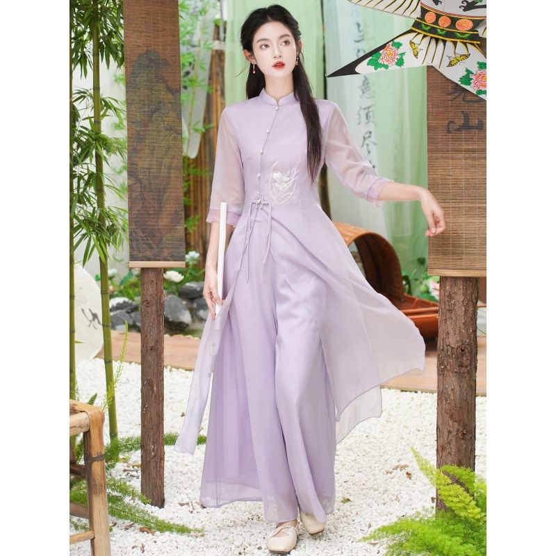 Set: Elbow-Sleeve Flower Embroidered Hanfu Blouse + High Waist Plain Wide Leg Pants SpreePicky