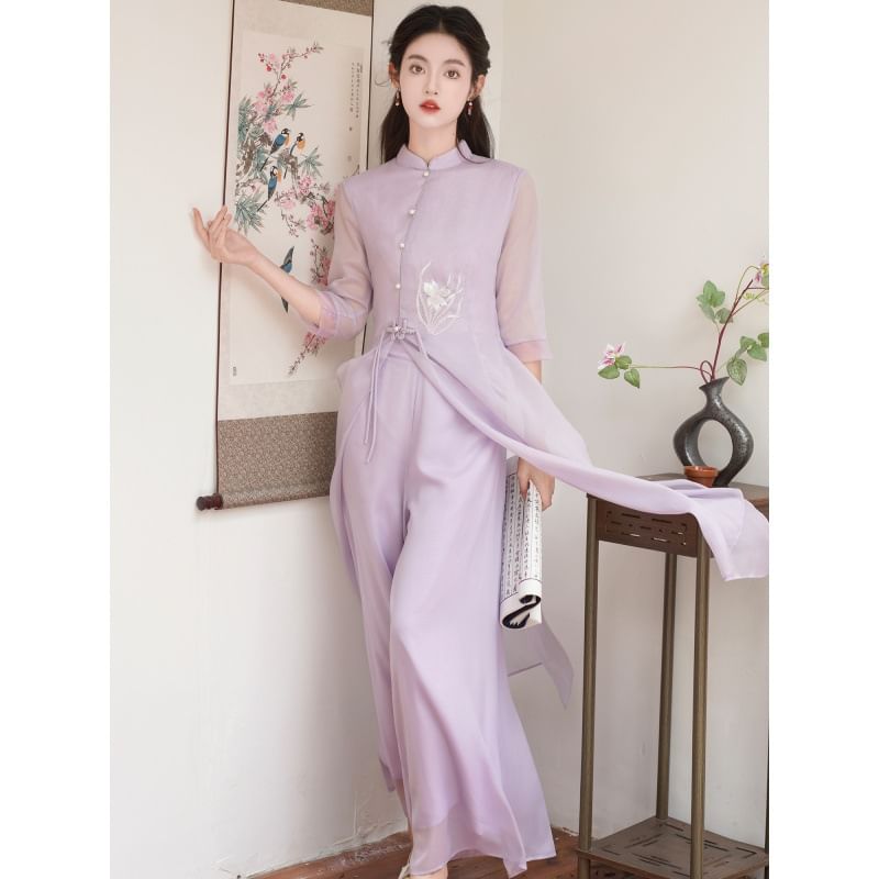 Set: Elbow-Sleeve Flower Embroidered Hanfu Blouse + High Waist Plain Wide Leg Pants SpreePicky