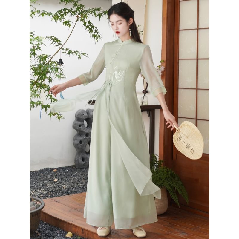 Set: Elbow-Sleeve Flower Embroidered Hanfu Blouse + High Waist Plain Wide Leg Pants SpreePicky