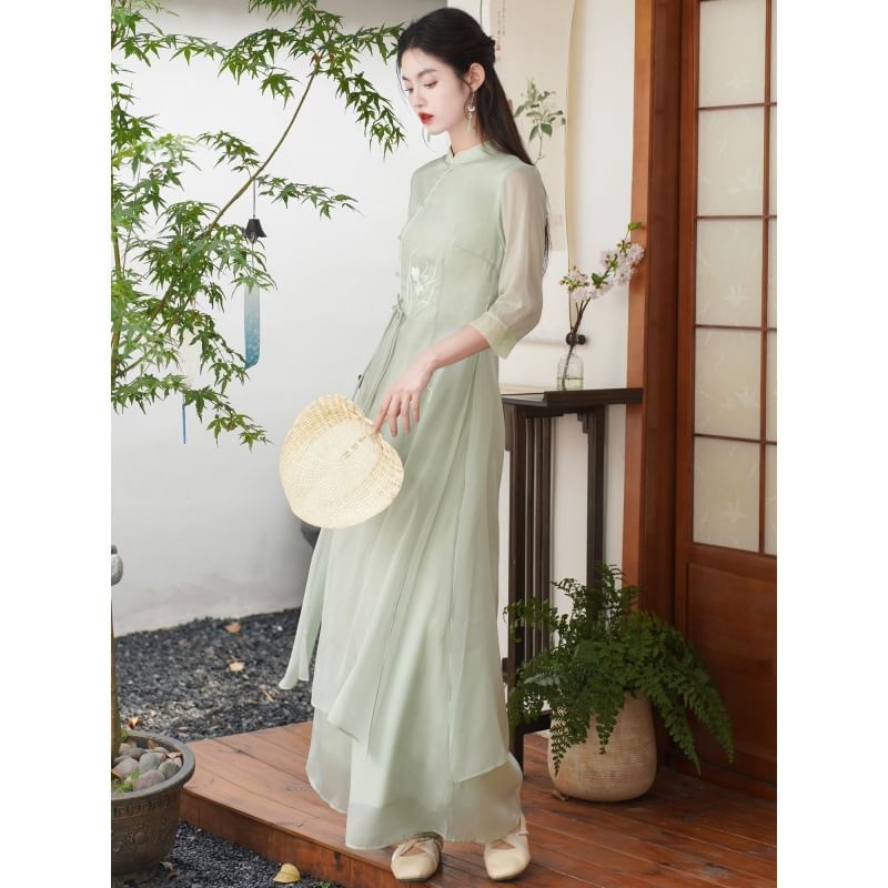 Set: Elbow-Sleeve Flower Embroidered Hanfu Blouse + High Waist Plain Wide Leg Pants SpreePicky