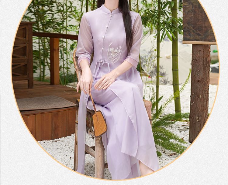 Set: Elbow-Sleeve Flower Embroidered Hanfu Blouse + High Waist Plain Wide Leg Pants SpreePicky