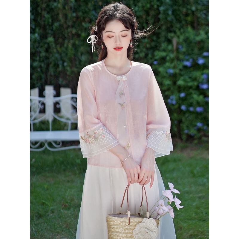 Flared-Sleeve Flower Embroidered Blouse / High Rise Plain Maxi A-Line Skirt SpreePicky