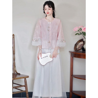 Flared-Sleeve Flower Embroidered Blouse / High Rise Plain Maxi A-Line Skirt SpreePicky