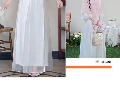 Flared-Sleeve Flower Embroidered Blouse / High Rise Plain Maxi A-Line Skirt SpreePicky