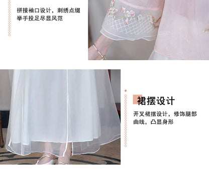 Flared-Sleeve Flower Embroidered Blouse / High Rise Plain Maxi A-Line Skirt SpreePicky