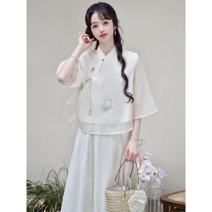 Set: Elbow-Sleeve Flower Embroidered Blouse + High Rise Plain Maxi A-Line Skirt SpreePicky