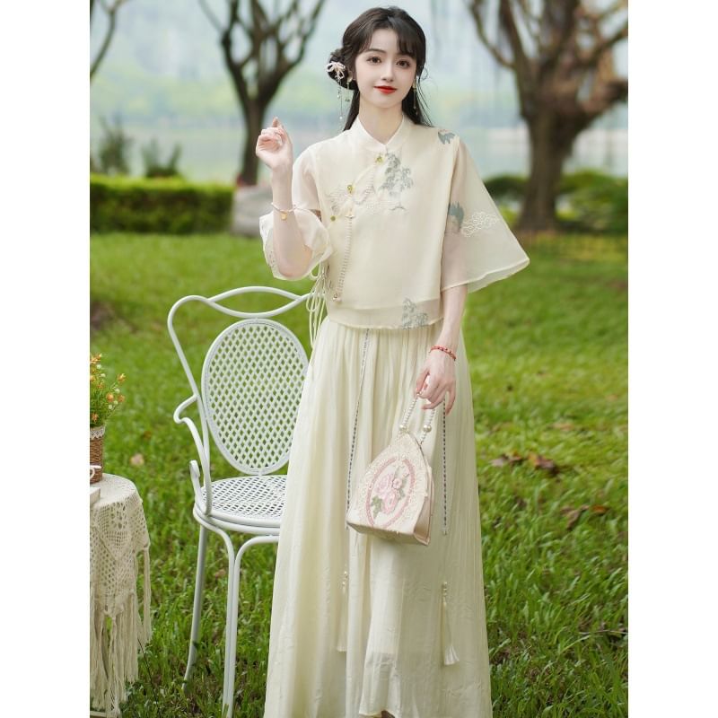 Set: Elbow-Sleeve Flower Embroidered Blouse + High Rise Plain Maxi A-Line Skirt SpreePicky