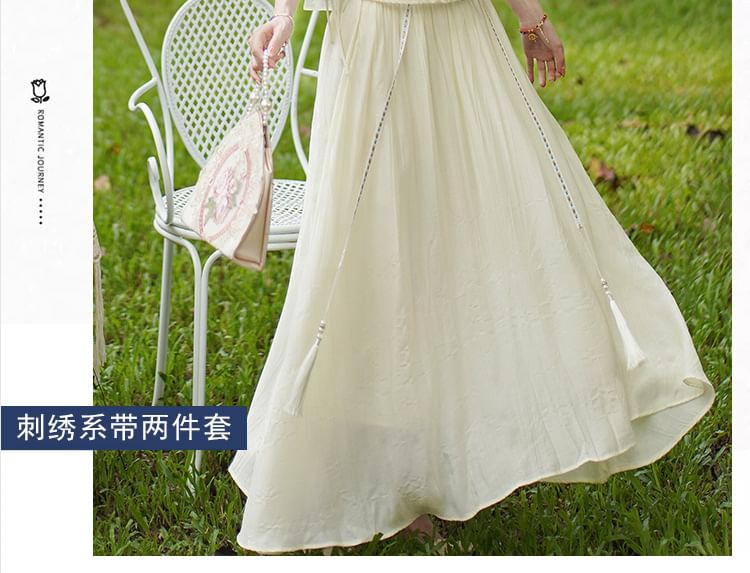 Set: Elbow-Sleeve Flower Embroidered Blouse + High Rise Plain Maxi A-Line Skirt SpreePicky