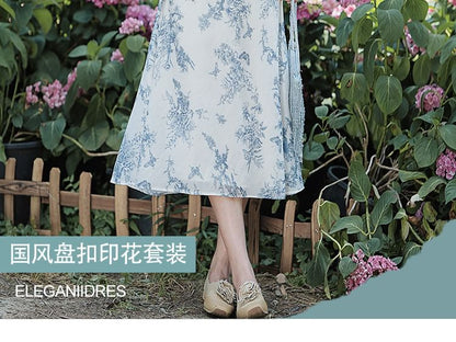 Set: Short-Sleeve Floral Blouse + High Rise Midi A-Line Skirt SpreePicky