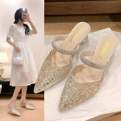 Pointy Rhinestone Sequined Chunky Heel Mules mySite