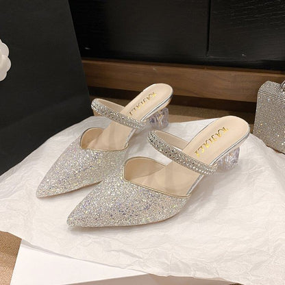 Pointy Rhinestone Sequined Chunky Heel Mules mySite