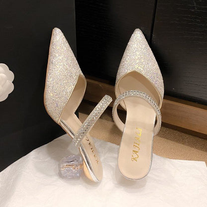 Pointy Rhinestone Sequined Chunky Heel Mules mySite