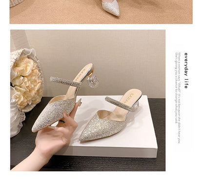 Pointy Rhinestone Sequined Chunky Heel Mules mySite