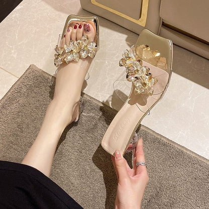 Square-Toe Rhinestone Floral Chunky Heel Slide Sandals mySite