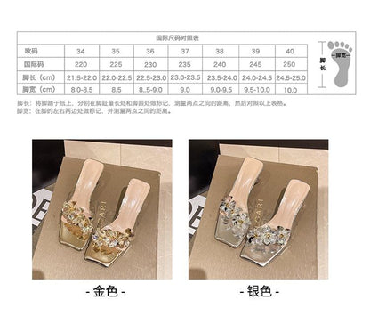 Square-Toe Rhinestone Floral Chunky Heel Slide Sandals mySite