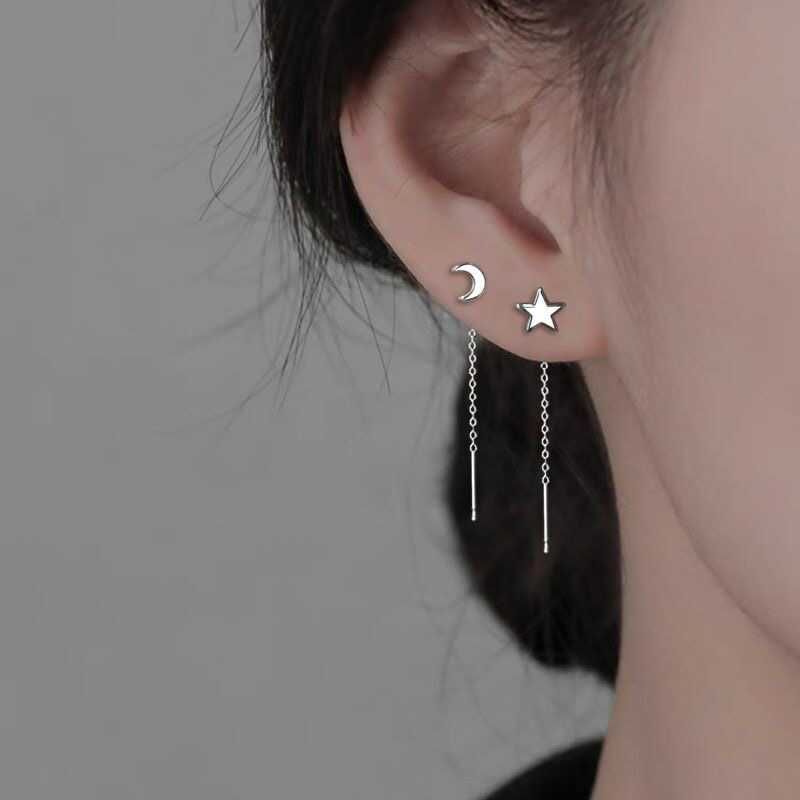 Moon & Star Asymmetrical Alloy Threader Earring mySite