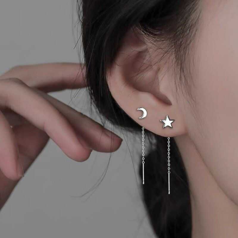 Moon & Star Asymmetrical Alloy Threader Earring mySite