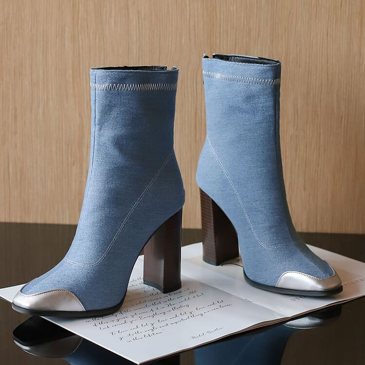 Denim Pointed Toe Chunky Heel Short Boots SpreePicky