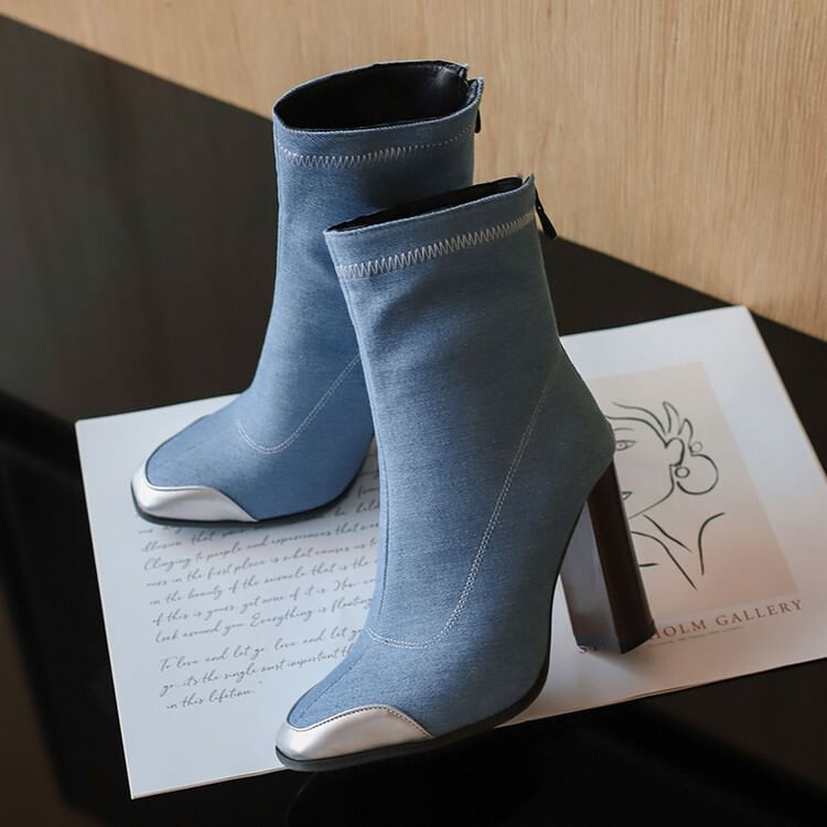 Denim Pointed Toe Chunky Heel Short Boots SpreePicky