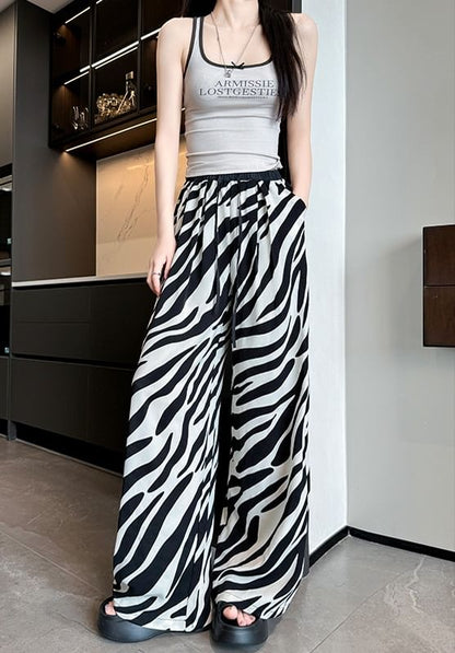 High Rise Animal Print Drawstring Wide Leg Sweatpants SpreePicky