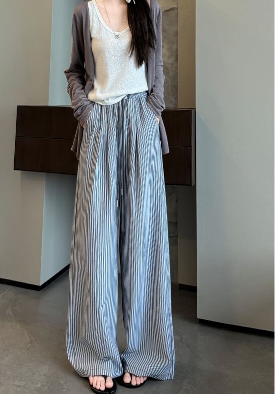 High Rise Drawstring Stripe Wide Leg Sweatpants SpreePicky