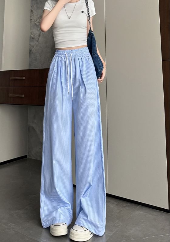 High Rise Drawstring Stripe Wide Leg Sweatpants SpreePicky