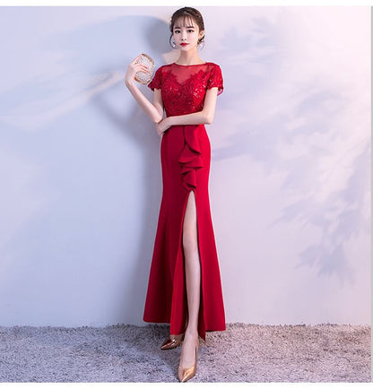 Short-Sleeve Embroidered Sequin Ruffle Side-Slit Mermaid Evening Gown SpreePicky