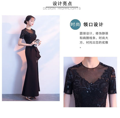 Short-Sleeve Embroidered Sequin Ruffle Side-Slit Mermaid Evening Gown SpreePicky