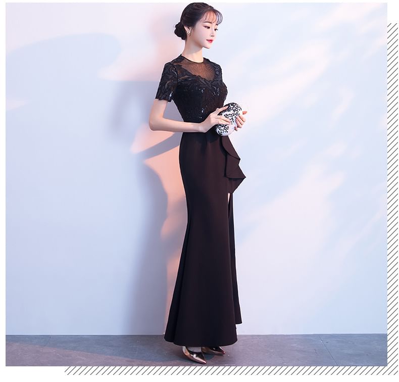 Short-Sleeve Embroidered Sequin Ruffle Side-Slit Mermaid Evening Gown SpreePicky