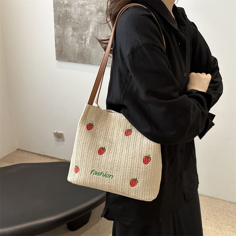 Embroidered Tote Bag With Faux Leather Strap SpreePicky