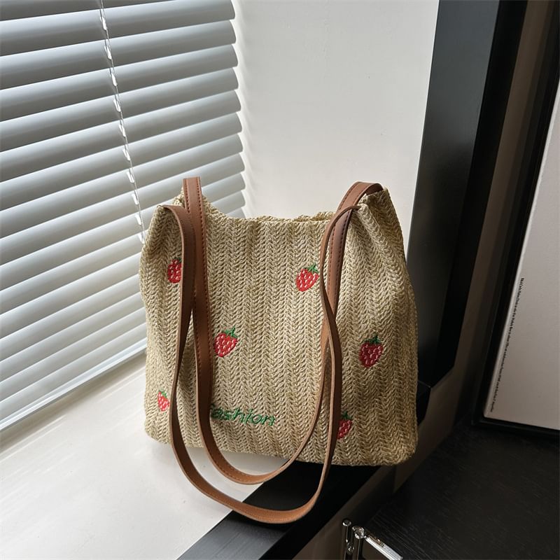 Embroidered Tote Bag With Faux Leather Strap SpreePicky