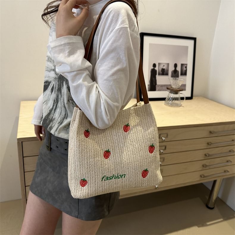 Embroidered Tote Bag With Faux Leather Strap SpreePicky