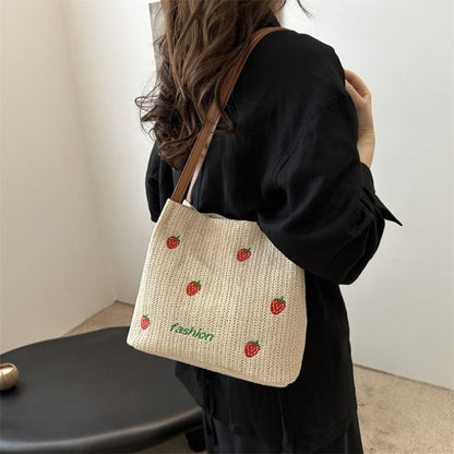 Embroidered Tote Bag With Faux Leather Strap SpreePicky