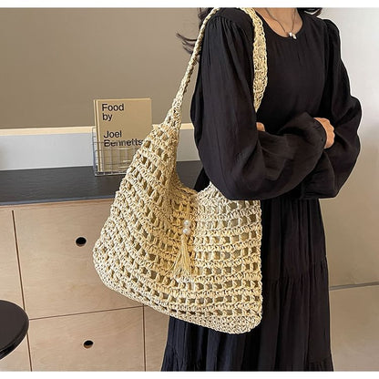 Perforated Tasseled Plain Tote Bag mySite