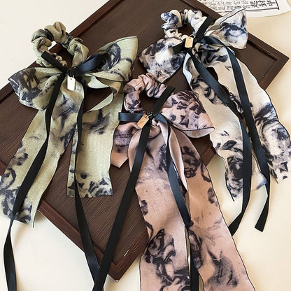 Elegant Retro Floral Print Bowknot Chiffon Hair Scarf Scrunchie SpreePicky