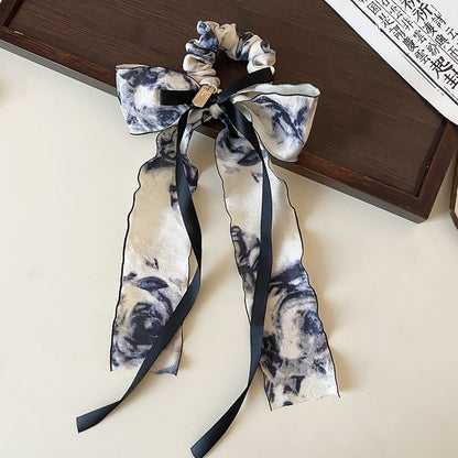 Elegant Retro Floral Print Bowknot Chiffon Hair Scarf Scrunchie SpreePicky