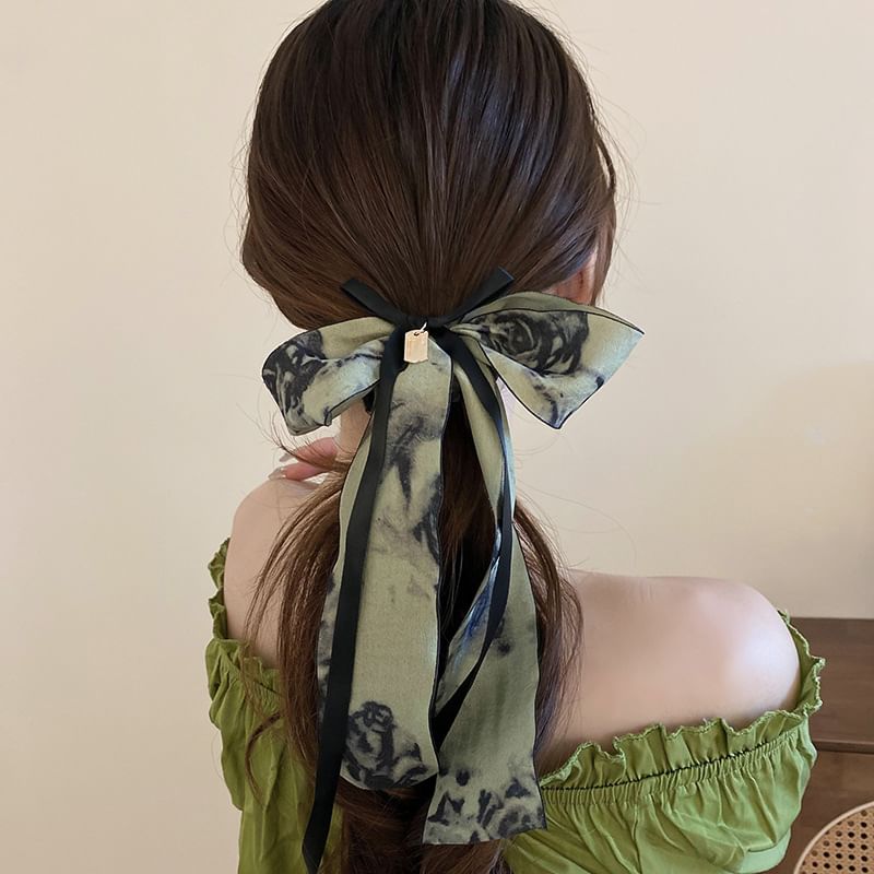 Elegant Retro Floral Print Bowknot Chiffon Hair Scarf Scrunchie SpreePicky