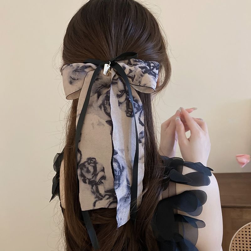 Elegant Retro Floral Print Bowknot Chiffon Hair Scarf Scrunchie SpreePicky