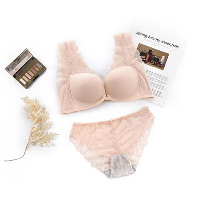 Plain Lace Panel Front Closure Wireless Bra / Panty / Set SpreePicky