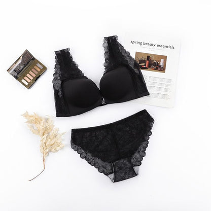 Plain Lace Panel Front Closure Wireless Bra / Panty / Set SpreePicky