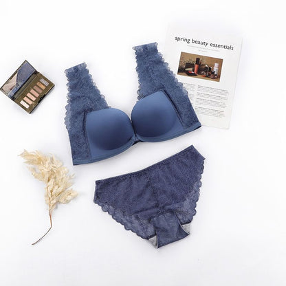 Plain Lace Panel Front Closure Wireless Bra / Panty / Set SpreePicky