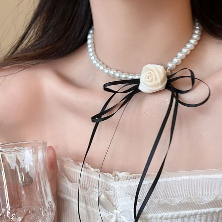 Fabric Ribbon Faux Pearl Choker SpreePicky