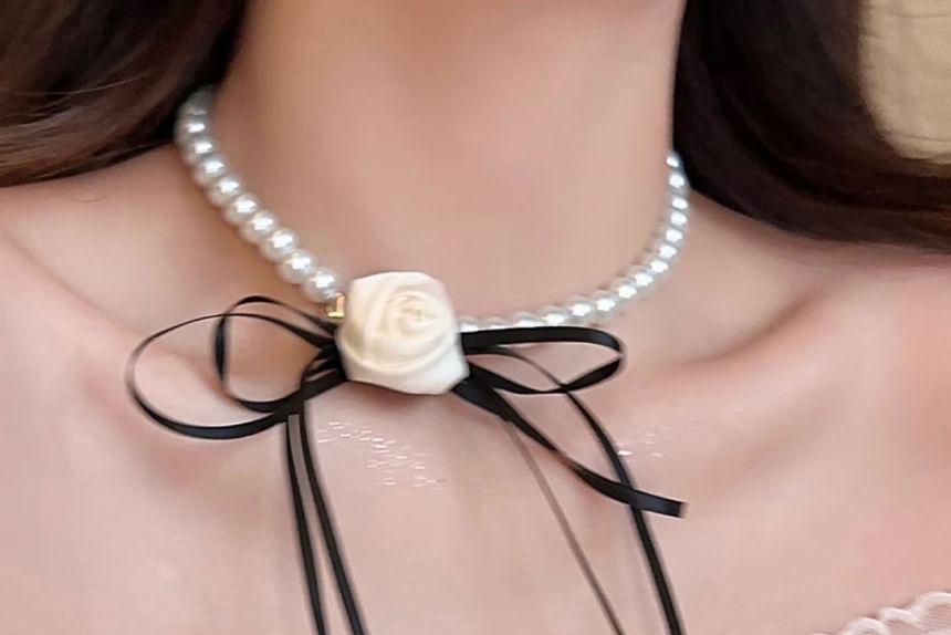 Fabric Ribbon Faux Pearl Choker SpreePicky