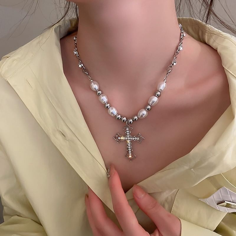 Cross Faux Crystal Alloy Choker / Stud Earring SpreePicky